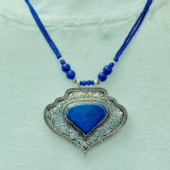 Lapis Lazuli Beaded Chain Pendant Necklace, Striking Blue Stone Pendant, Gemston - Picture 2 of 12